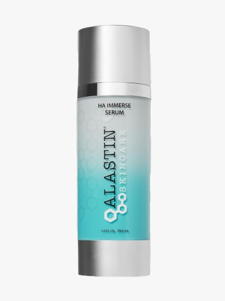 Alastin Skincare HA Immerse Serum silver and turquoise bottle on light gray background